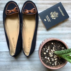 Talbots Navy canvas flats with cognac bow detail